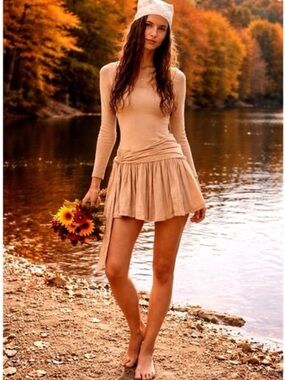 NWT🔖 Free People Wrap Mini Dress Neutral/Tan Drop Waist Long Sleeve size small